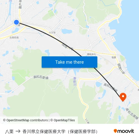 八栗 to 香川県立保健医療大学（保健医療学部） map