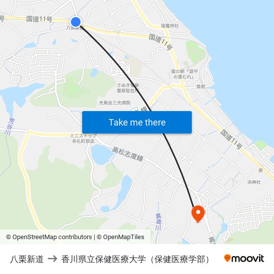 八栗新道 to 香川県立保健医療大学（保健医療学部） map