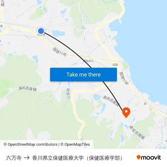 六万寺 to 香川県立保健医療大学（保健医療学部） map