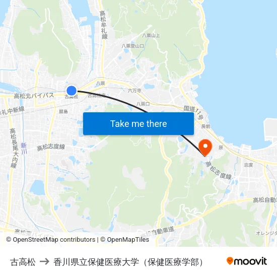 古高松 to 香川県立保健医療大学（保健医療学部） map
