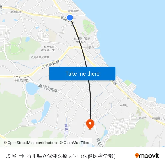 塩屋 to 香川県立保健医療大学（保健医療学部） map