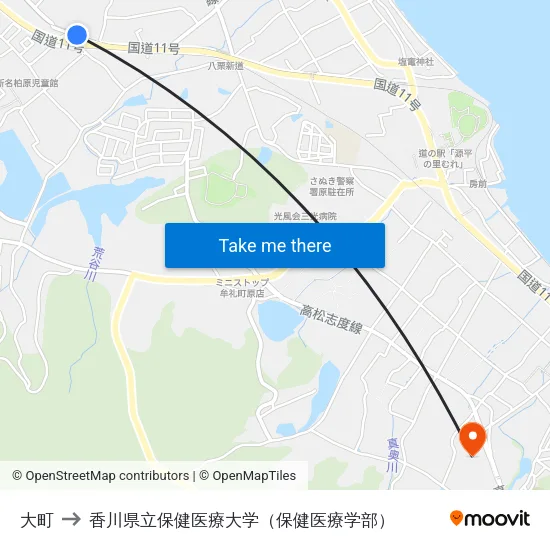 大町 to 香川県立保健医療大学（保健医療学部） map