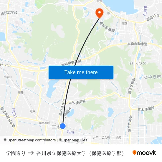 学園通り to 香川県立保健医療大学（保健医療学部） map