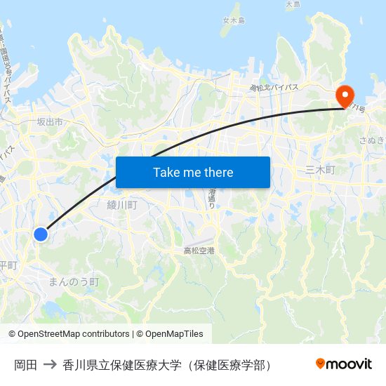 岡田 to 香川県立保健医療大学（保健医療学部） map