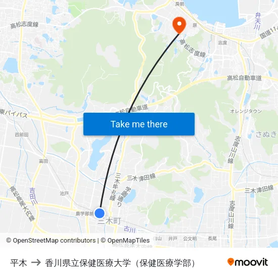 平木 to 香川県立保健医療大学（保健医療学部） map