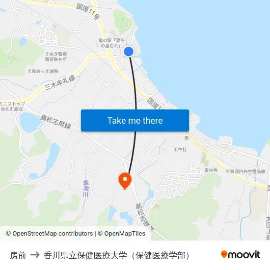 房前 to 香川県立保健医療大学（保健医療学部） map