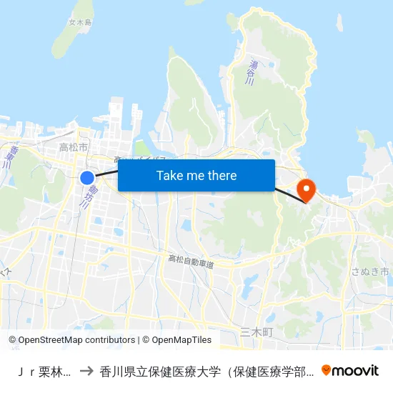 Ｊｒ栗林駅 to 香川県立保健医療大学（保健医療学部） map