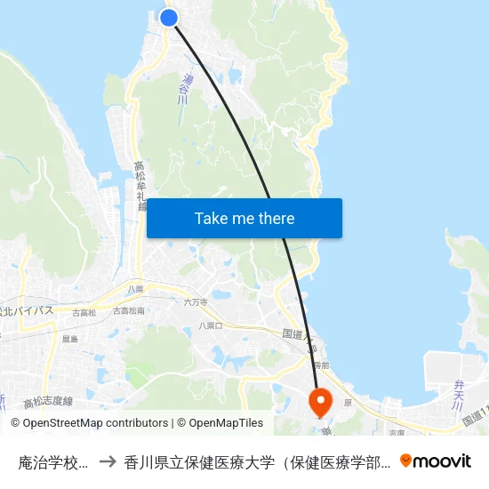 庵治学校前 to 香川県立保健医療大学（保健医療学部） map
