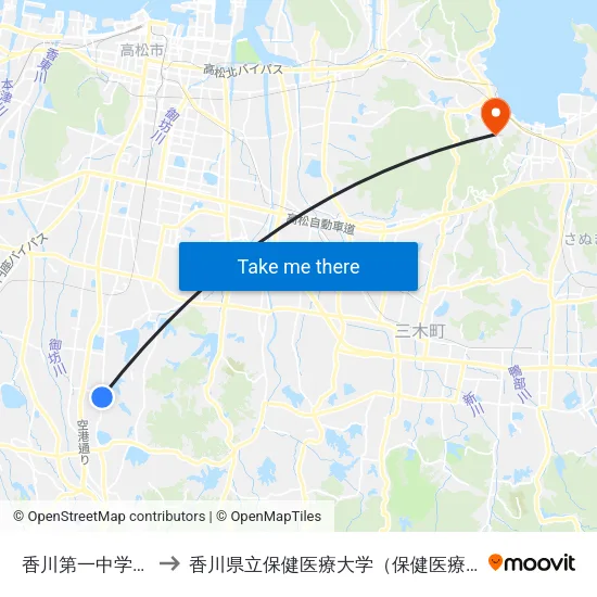 香川第一中学校前 to 香川県立保健医療大学（保健医療学部） map
