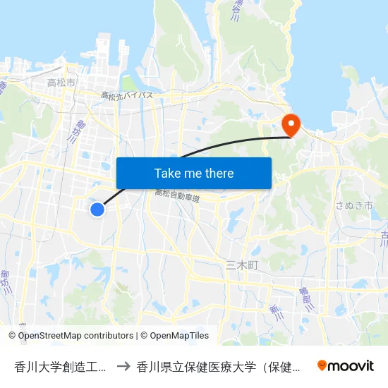 香川大学創造工学部前 to 香川県立保健医療大学（保健医療学部） map