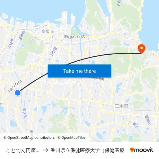 ことでん円座駅前 to 香川県立保健医療大学（保健医療学部） map