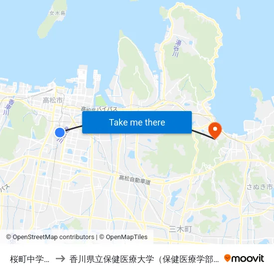 桜町中学前 to 香川県立保健医療大学（保健医療学部） map