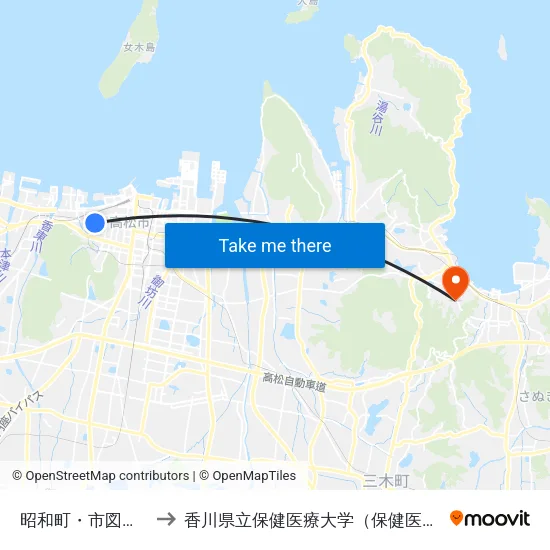 昭和町・市図書館前 to 香川県立保健医療大学（保健医療学部） map