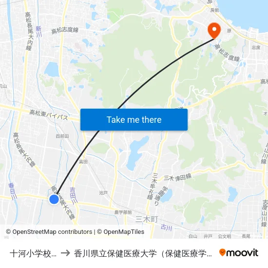 十河小学校前 to 香川県立保健医療大学（保健医療学部） map