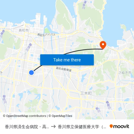 香川県済生会病院・高松桜井高校前 to 香川県立保健医療大学（保健医療学部） map