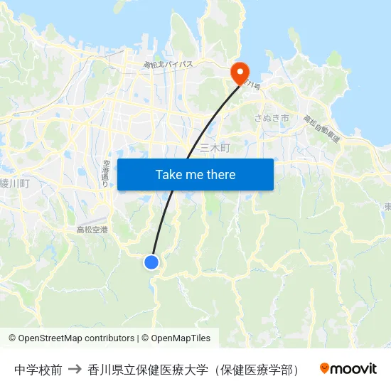 中学校前 to 香川県立保健医療大学（保健医療学部） map