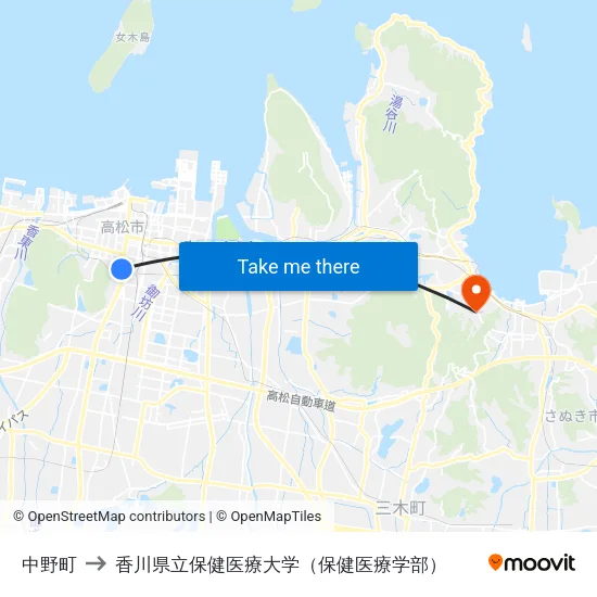中野町 to 香川県立保健医療大学（保健医療学部） map