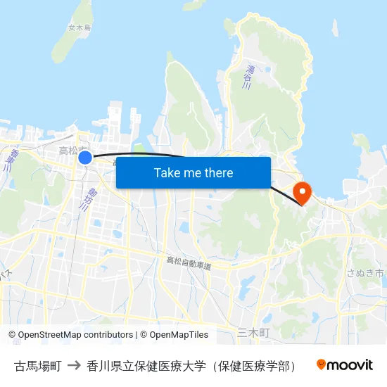 古馬場町 to 香川県立保健医療大学（保健医療学部） map