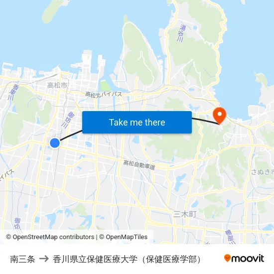 南三条 to 香川県立保健医療大学（保健医療学部） map