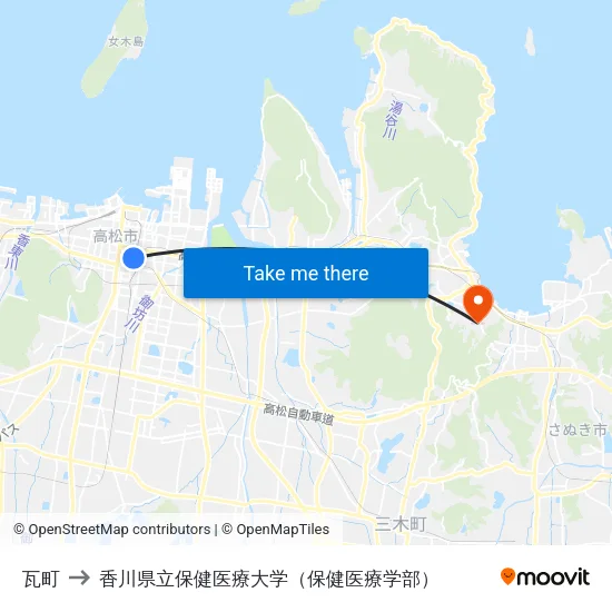 瓦町 to 香川県立保健医療大学（保健医療学部） map