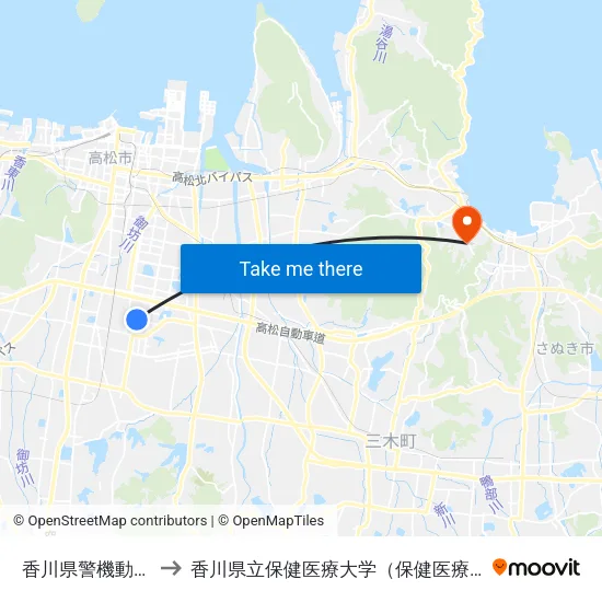 香川県警機動隊前 to 香川県立保健医療大学（保健医療学部） map