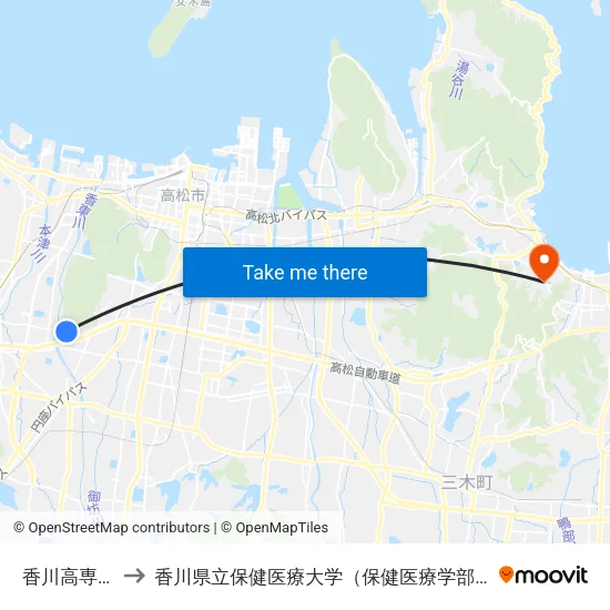 香川高専前 to 香川県立保健医療大学（保健医療学部） map