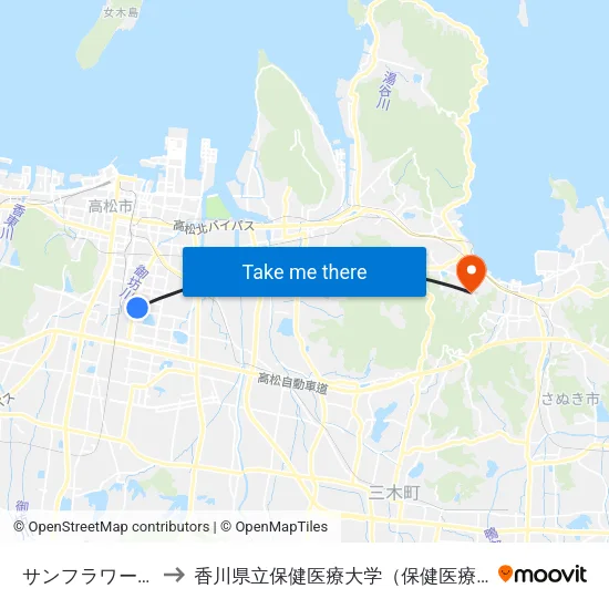 サンフラワー伏石 to 香川県立保健医療大学（保健医療学部） map