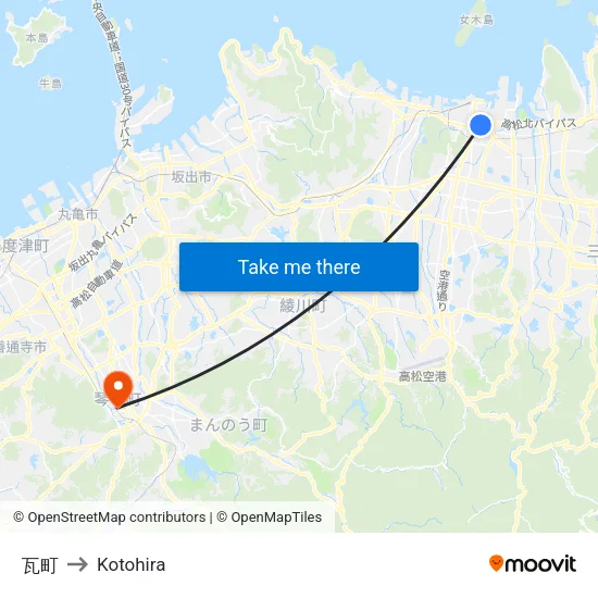 瓦町 to Kotohira map