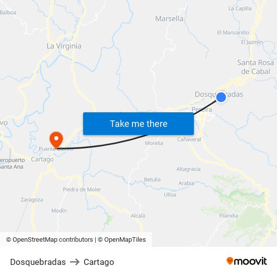 Dosquebradas to Cartago map