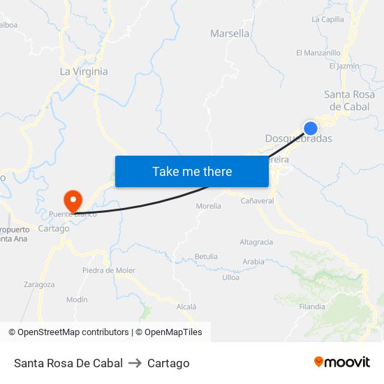 Santa Rosa De Cabal to Cartago map