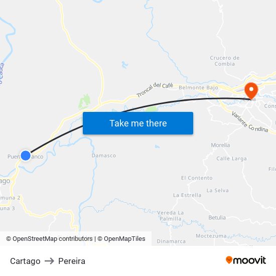 Cartago to Pereira map