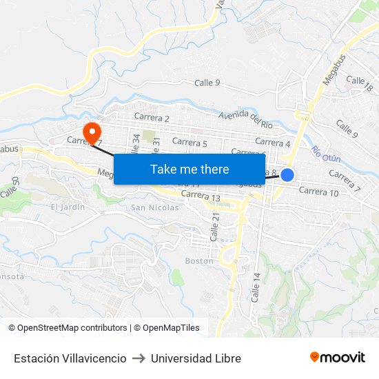 Estación Villavicencio to Universidad Libre map