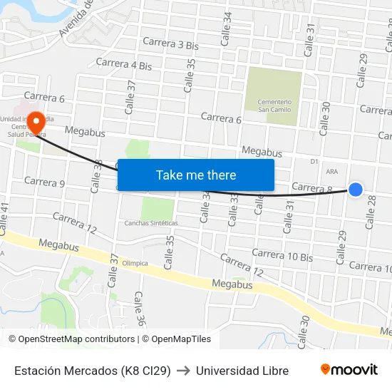 Estación Mercados (K8 Cl29) to Universidad Libre map