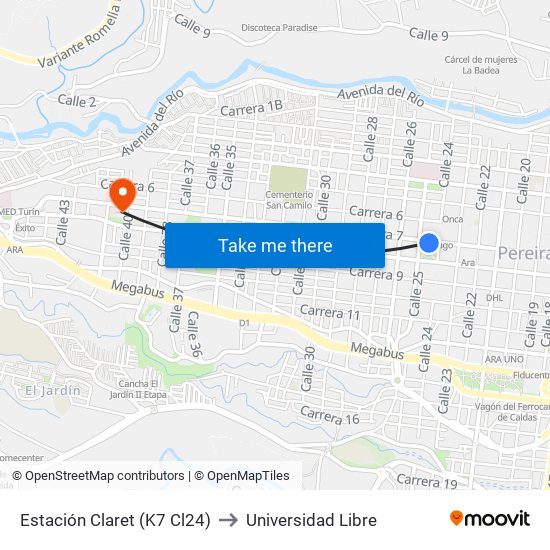 Estación Claret (K7 Cl24) to Universidad Libre map