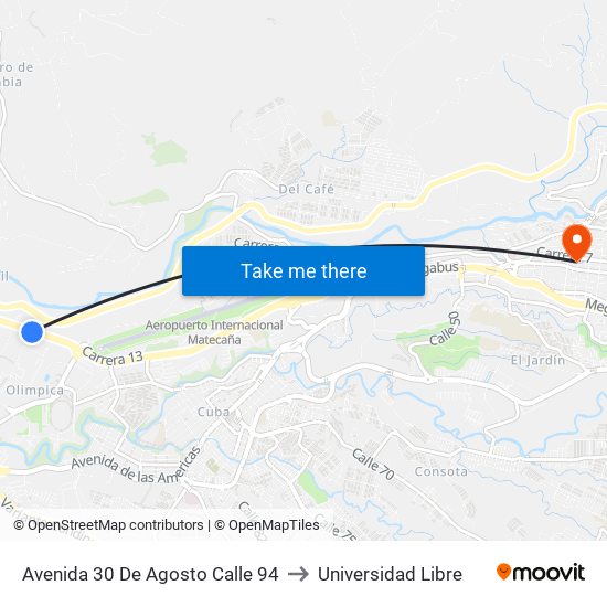 Avenida 30 De Agosto  Calle 94 to Universidad Libre map