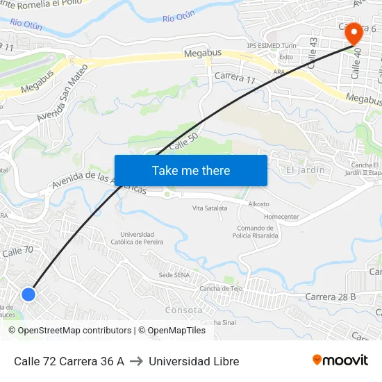Calle 72 Carrera 36 A to Universidad Libre map