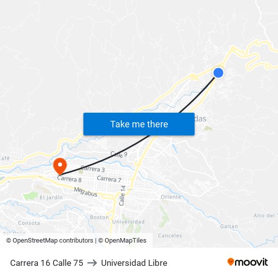 Carrera 16 Calle 75 to Universidad Libre map