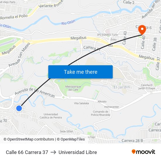 Calle 66 Carrera 37 to Universidad Libre map