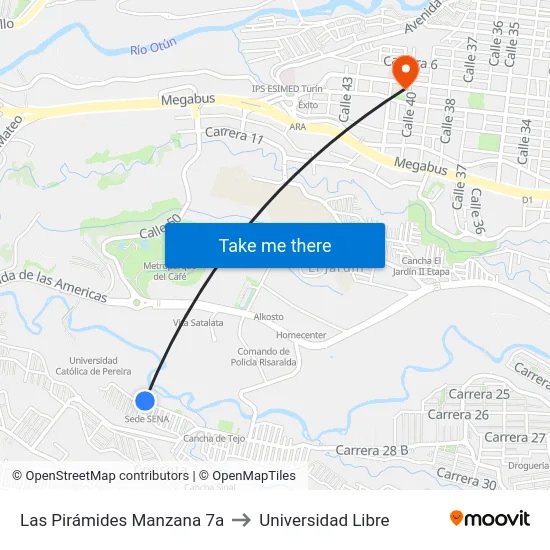 Las Pirámides Manzana 7a to Universidad Libre map