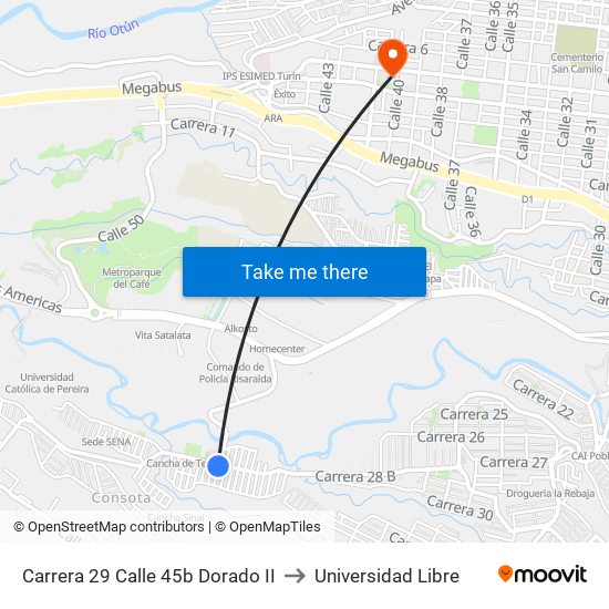 Carrera 29 Calle 45b Dorado II to Universidad Libre map