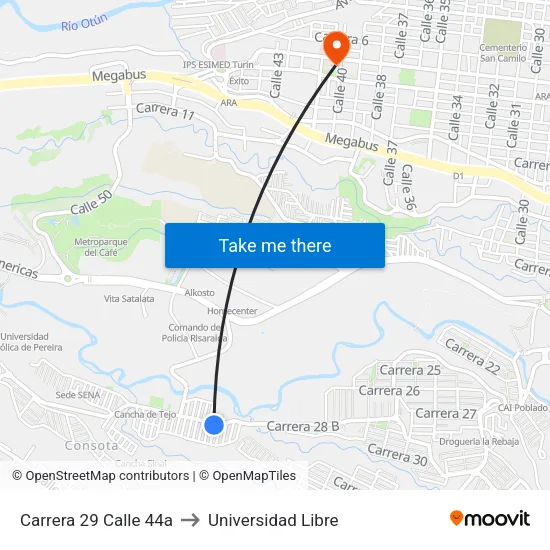 Carrera 29 Calle 44a to Universidad Libre map