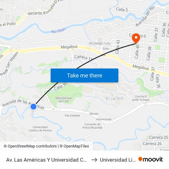 Av. Las Américas Y Universidad Católica to Universidad Libre map