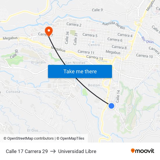 Calle 17 Carrera 29 to Universidad Libre map