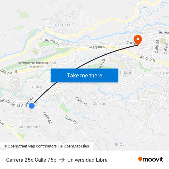 Carrera 25c Calle 76b to Universidad Libre map