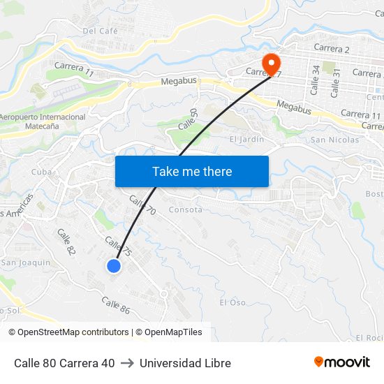 Calle 80 Carrera 40 to Universidad Libre map