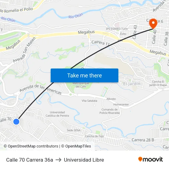 Calle 70 Carrera 36a to Universidad Libre map