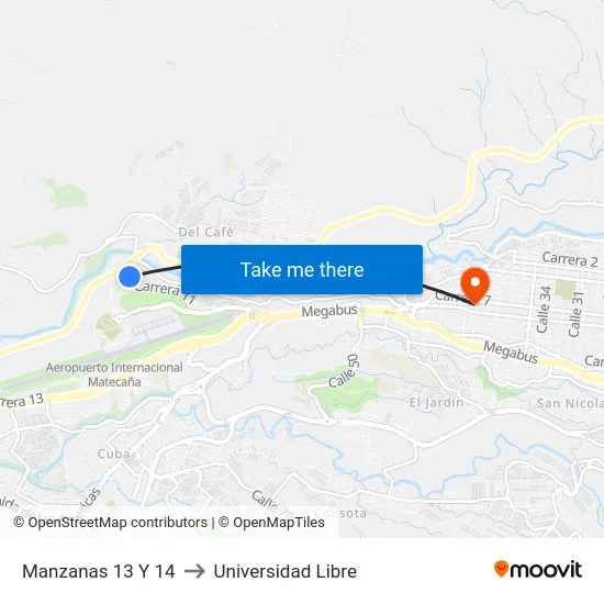 Manzanas 13 Y 14 to Universidad Libre map