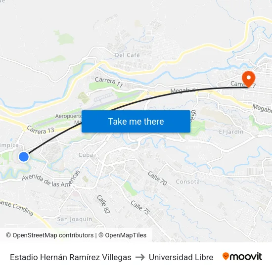 Estadio Hernán Ramírez Villegas to Universidad Libre map