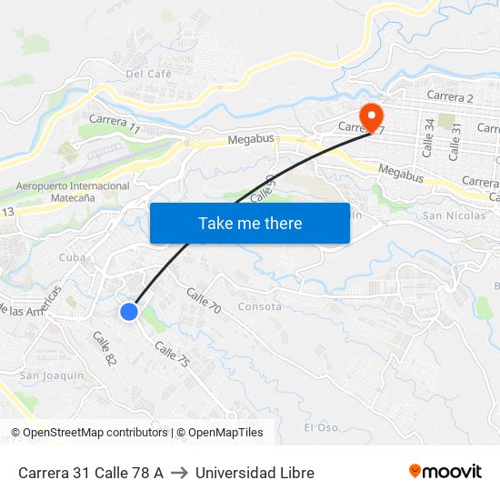 Carrera 31 Calle 78 A to Universidad Libre map