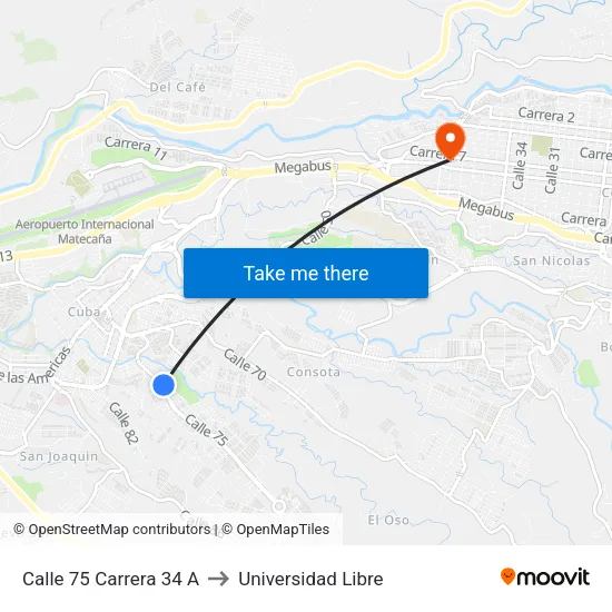 Calle 75 Carrera 34 A to Universidad Libre map